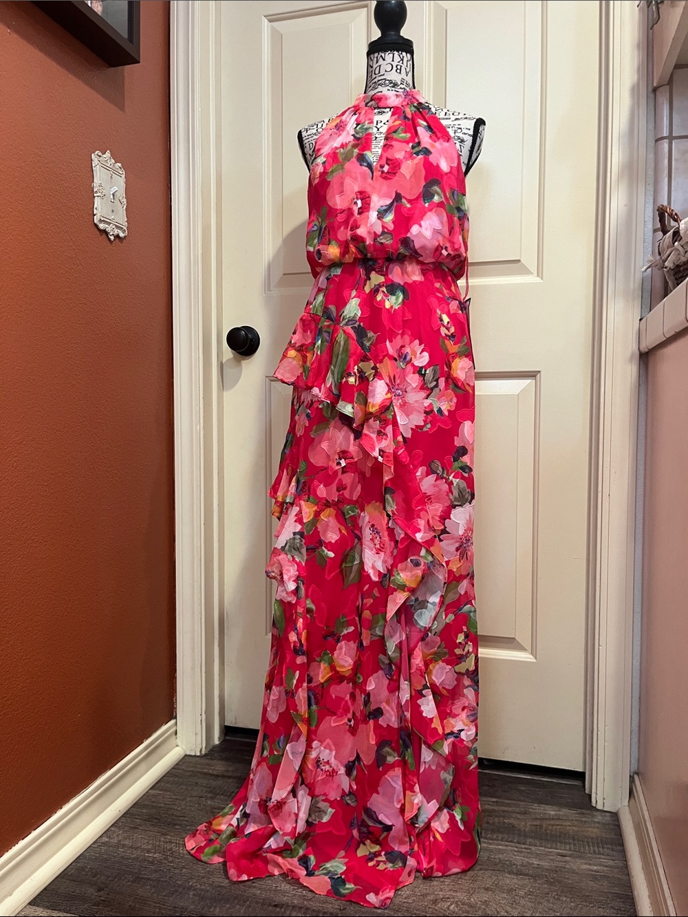 Adrianna Papell Pink Floral Halter Ruffle Maxi Dress with a little sparkle!